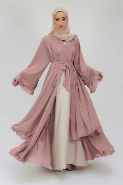 Peach Blossom Frill Open Abaya With Pink Embellishment